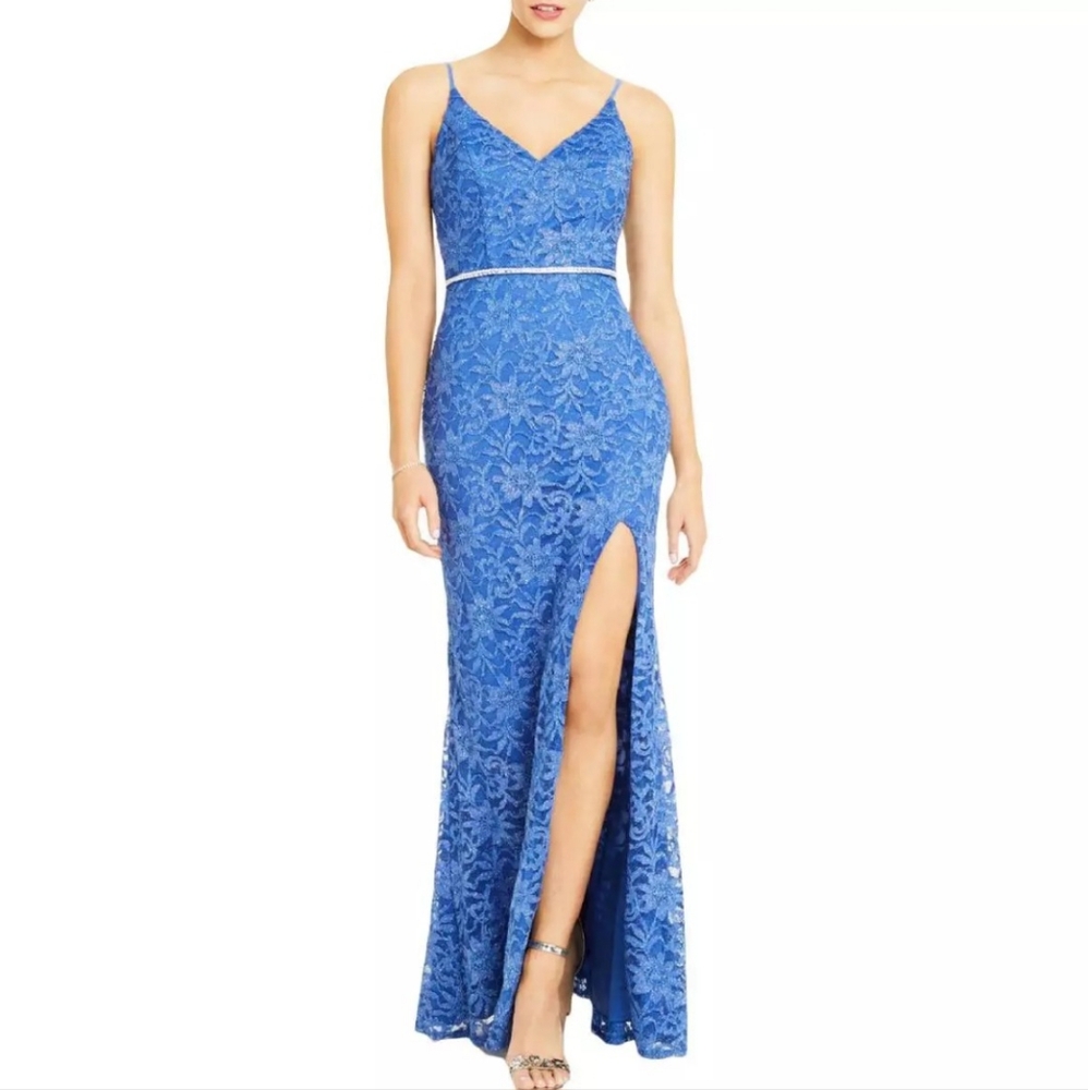 City Studio Blue Metallic Lace Prom Dress Evening Gown